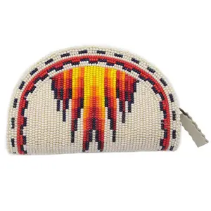 Hand Beaded Native American Inspired Ethnic Style Seed Bead Coin Purse - Cream Fire