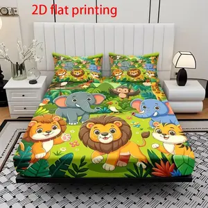 3-Piece Jungle Animal Bedding Set, Bed Sheets Set, Decorative Bedsheet Sets, Includes Fitted Sheet & Pillowcases (no Fill), Soft Polyester Fiber, Cartoon Prints