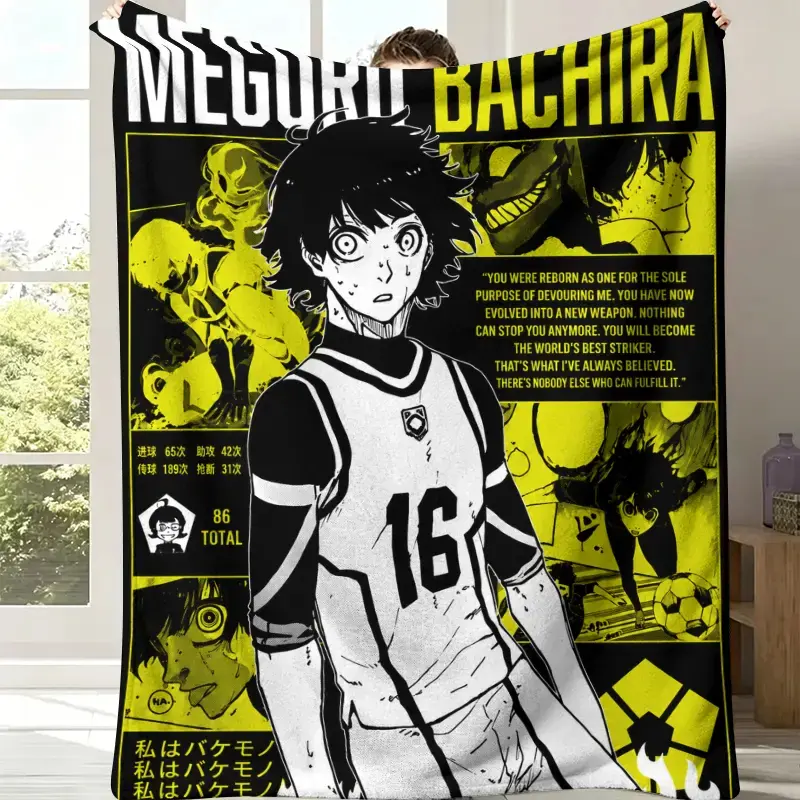Meguru Bachira Blue Lock Anime Themed Flannel Fabric Throw Blanket - Solid Black Background, Yellow Accents, Manga Splice Design, Central 16 Jersey Print, Character Stats Quote, Japanese Text, Soft Fleece, Teen Room Decor, Fan All-Season Gift