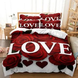 3pcs Valentine's Love rose Day Applicable Love Letter Pattern Duvet Cover Set, Bedding Set, Bed Sets, Soft and Comfortable Decorative Duvet Cover, Suitable for Bedroom, Guest Room 1*Duvet Cover +2*Pillowcase, Without Core