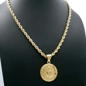 Gold Praying Hands Necklace with 5mm French Rope Chain 14k Gold Plated 30mm Pendant Lifetime Replacement Guarantee for Men