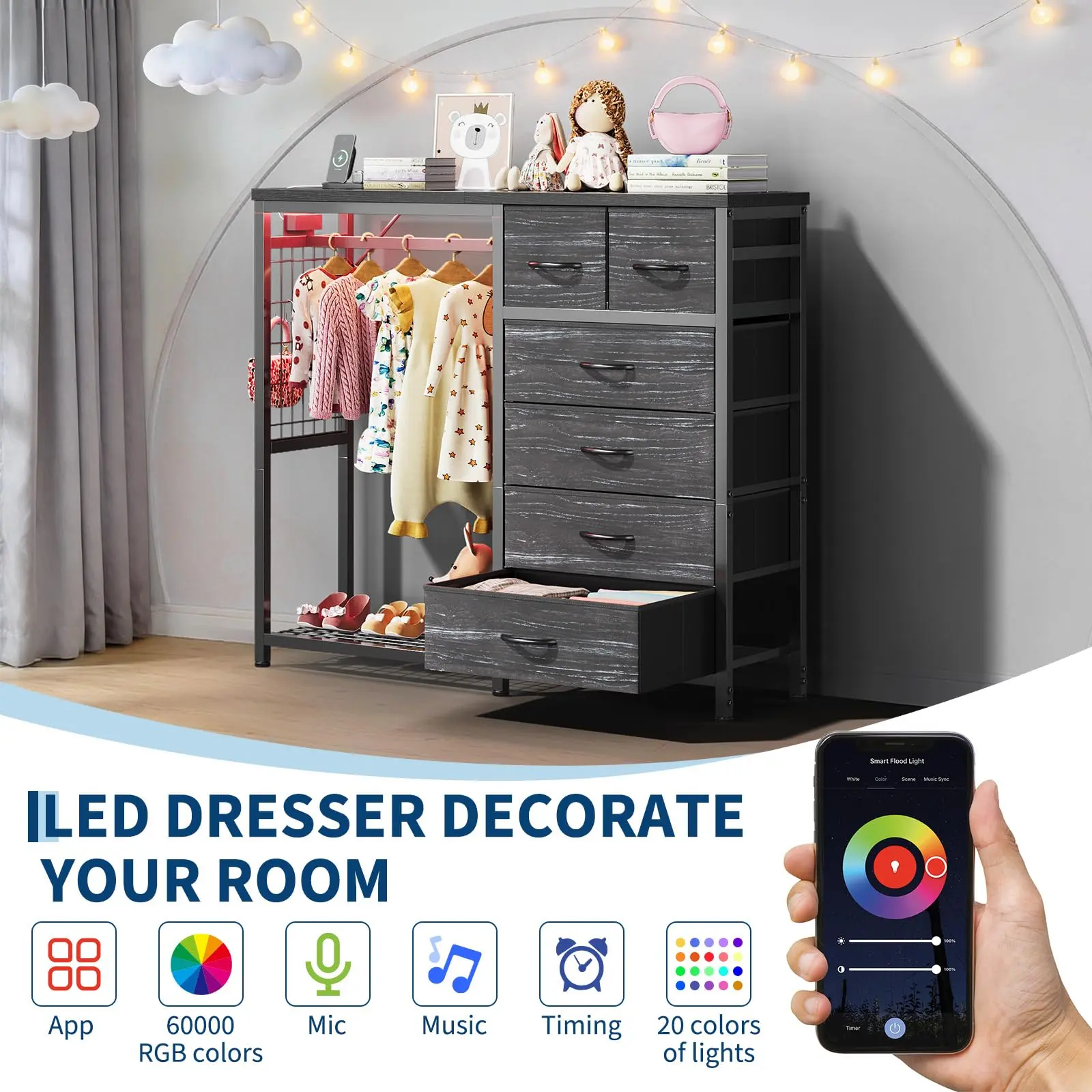 Garvee Dresser with Hanging Rack, 6 Drawers Dresser with Charging Station, Wooden Top Organize Unit Featuring Garvee Dresser with Hanging Rack, 6 Drawers Dresser with Charging Station, Wooden Top Organize Unit Featuring