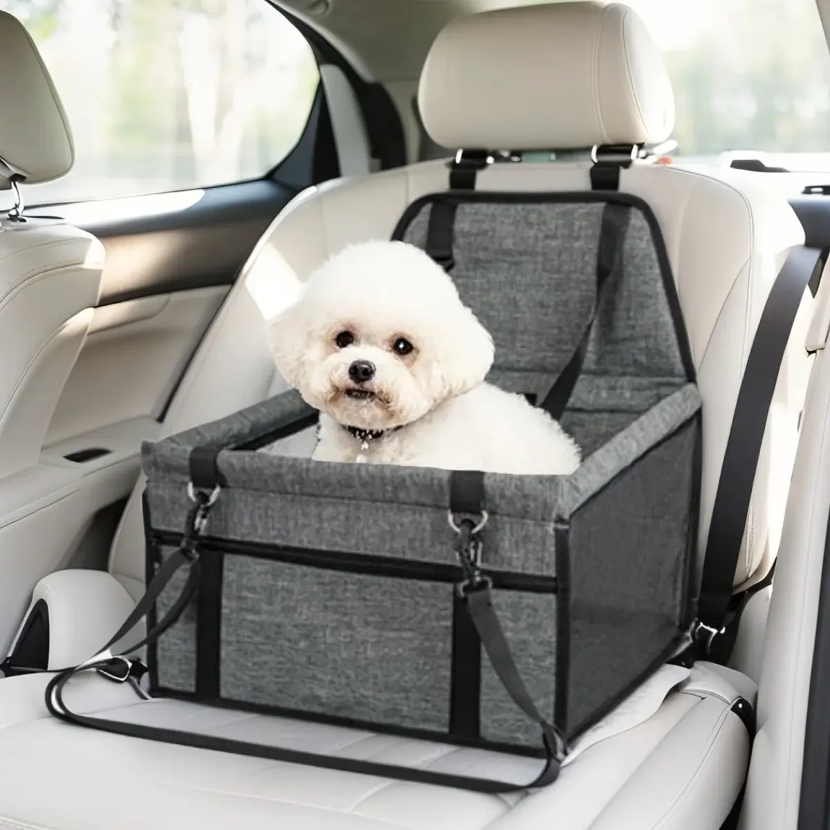 Pet Car Seat for Cats & Dogs - Foldable Road Trips Safety Booster, Breathable, Easy to Clean & Assemble, Large Space, Zipper, Solid Plain Design, PVC Pipe Support Keeps Shape Steady, Fits Front & Back Seats, Dog Accessories