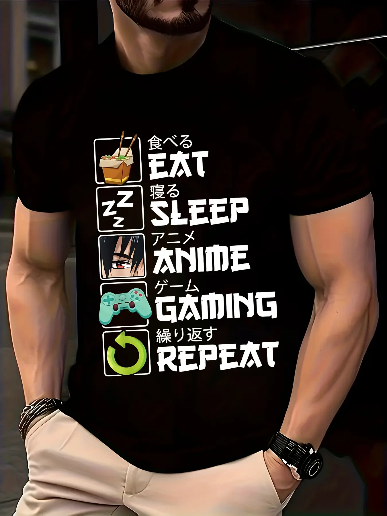 Unisex "Eat Sleep Anime Game Repeat" Graphic T-Shirt, Men's Streetwear Style in Soft Breathable Cotton Fabric, Short Sleeve Round Neck