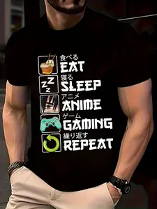 Men'S Summer Casual T-Shirt Featuring a Unique Comic-Style 3D Digital Print with The Pattern 'Eat, Sleep, Anime, Game, Repeat'. It Has a Round Neck, Short Sleeves, Made of Breathable, Perfect for Casual Wear with Durable Printing