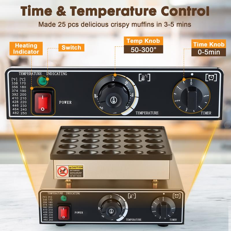 25PCS Electric Poffertjes Maker - Dutch Pancake/Dorayaki Grill | Timer & Temp Control Non-Stick for Commercial/Home Use