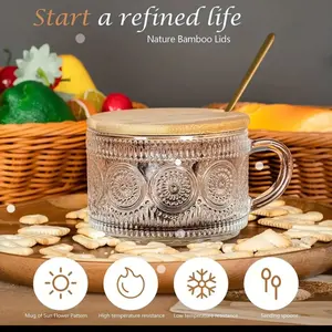 4pcs Vintage Sunflower Pattern Glass Mugs with Handles, Lids, and Spoons, 450ml/15.22oz, Transparent Breakfast Cups for Coffee, Milk, Yogurt, Oatmeal, Ideal for Office