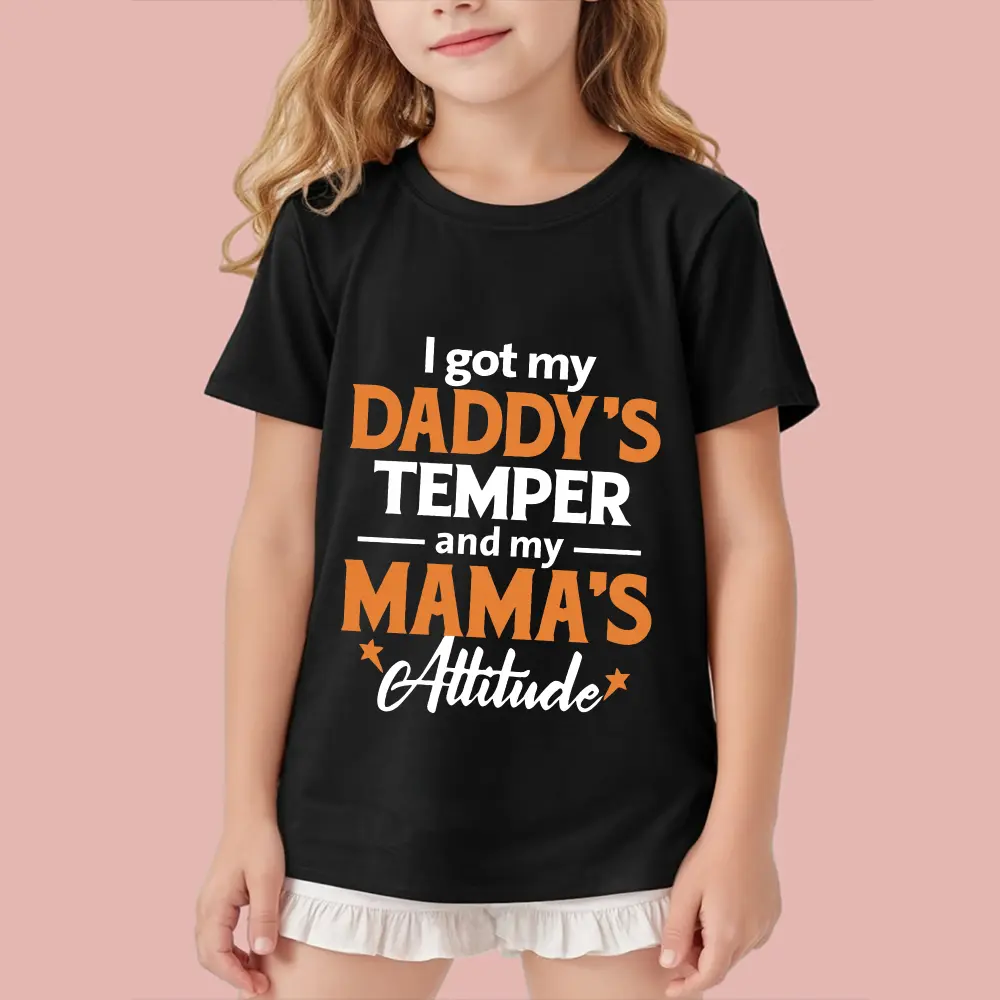 [Cotton T-shirt] 100% Cotton Short Sleeve T-shirt |   Girls "I Got My Daddy's Temper And My MAMA'S Attitude" Print, Comfy Casual Tees For Girls Summer