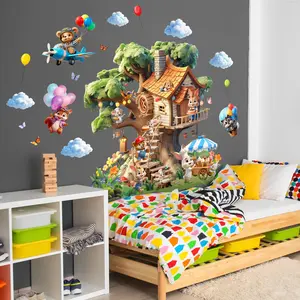 Tree House Bear Rabbit Elephant Cloud Balloon Wall Stickers Set, 4 Pieces (30x90cm), Self-Adhesive Wall Art Stickers Home Decor for Living Room Hallway