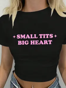 Women's Letter Print Statement Crew Neck Round Neck Short Sleeve Fitted T-Shirt, Street Fashion Casual Slim Fit Top for Summer, Ladies Summer Clothing, Womenswear