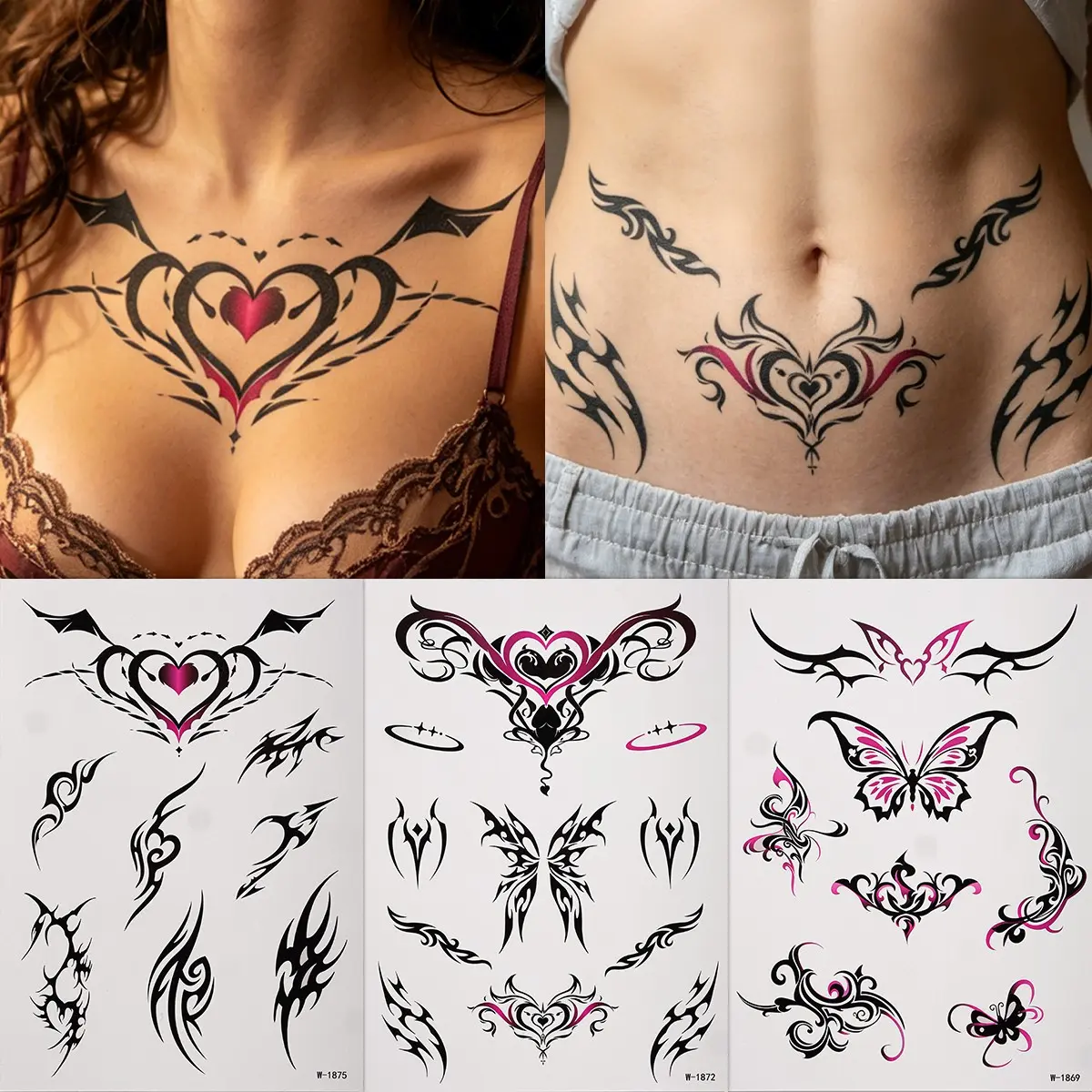 3-Pack Gothic Y2K Temporary Tattoo Stickers, Temporary Fake Tattoos, Waterproof Butterfly & Tribal Heart Designs, Fashion Body Art for Parties & Holidays