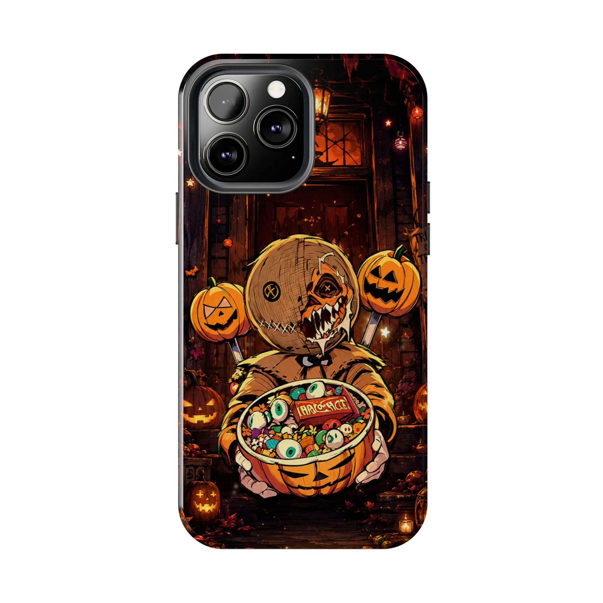 Creepy Trick or Treat Dual Layer Phone Case - Scary Pumpkin Monster Candy Graphic Cover, Vintage Halloween Horror Cell Protector with Spooky Jack O Lantern Accessories for iPhone 17/16/15/14/13/12/11 Pro Max/Plus