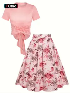 Women's Short Plain Top & Floral Print High Waist Skirt Two-piece Set, Casual Fashion Cozy Top & Skirt for Daily Outdoor Wear, Ladies Outfits for Summer Womenswear