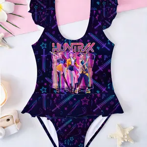 Girls Kpop Demon Hunters Neon One-Piece Ruffle Trim Swimsuit with All over Print, Ruffle Design for Stylish Beach Wear, Age 1-8y