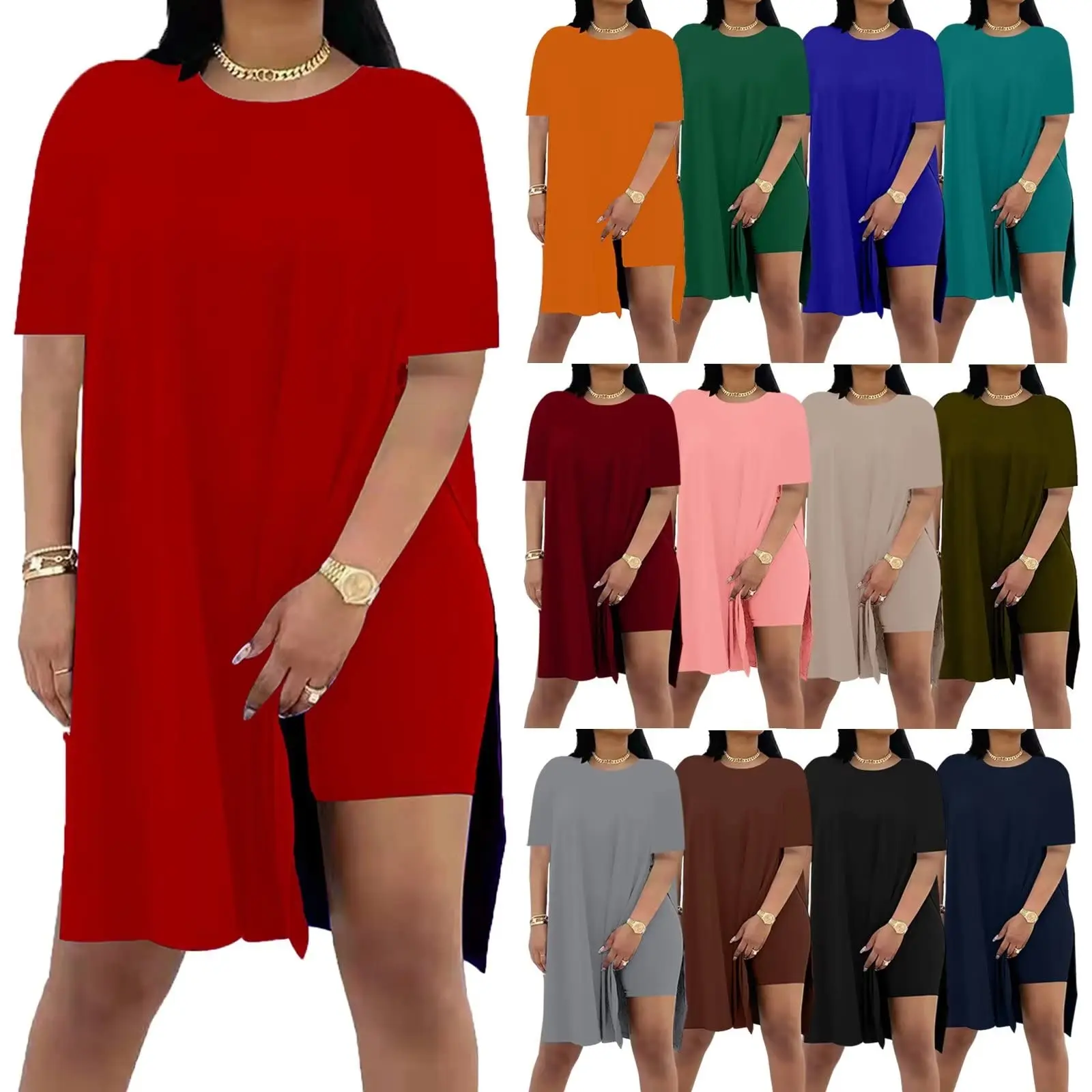 Tylish Plus-size Summer Two-piece Set: Round-neck Short-sleeve Top with Split Hem & Slim Biker Shorts, Soft Athletic-Casual Women's Apparel in Various Colors