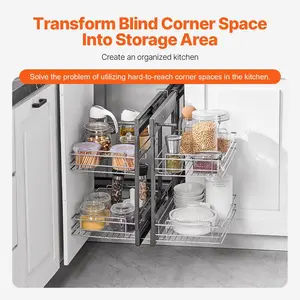 VEVOR 18W Opening Blind Corner Pull Out Organizer, 2 Tier 4 Shelf Kitchen Cabinet Organizer, Magic Chrome Carbon Steel Storage Basket, Slide Out Storage Organizer, Left Right Open Compatible