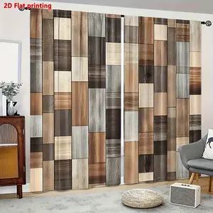 Pack of 2, Bathroom Curtain Set, wood grain retro geometric landscape pattern, rod pocket design, polyester translucent material, suitable for living room, kitchen, bedroom, study, bathroom, home decoration, suitable for Christmas decoration