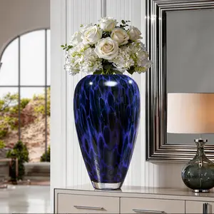 Handmade Blown Glass Vase with Crystal Decorative Lid, Light Peacock Traditional Flower Box, Unique Wide-Mouth Design, Modern Artistic Style for Home Living Rooms, Office Desk Ornaments