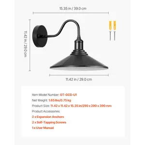 VEVOR Outdoor Barn Light, 11.5 in Diameter, 1-Pack Farmhouse Gooseneck Light Fixture, Exterior Wall Sconce, with Vintage Style, Anti-Rust, E26 Bulb Compatible for Porch, House, Entryway, Garage, Black