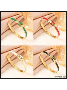 Gold Tone H Charm Enamel Bangle Bracelet for Women, Dainty CZ Inlay H Shape Bracelet, Fashion Everyday Jewelry
