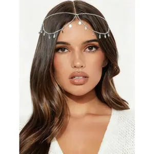 1pc Minimalist Retro Bohemian Green Turquoise Tassel Headband With Gold Chain, Hair Accessories, Head Pieces Jewelry, Hair Jewellery, Wedding