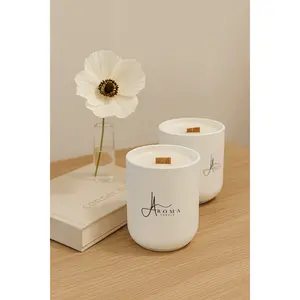Aroma Devourame 16oz Soy Candle Sage Earthy Woods & Musk Amber Clean-Burning Wood Wick Ceramic Vessel 50+ Hours Burn Time