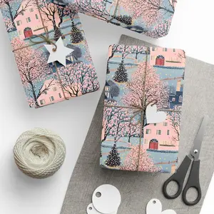 Vintage Village Gift Wrap Roll, Pink Christmas Luxury Wrapping Paper, Holiday Gift Wrap, Elegant Christmas Wrapping Paper Roll