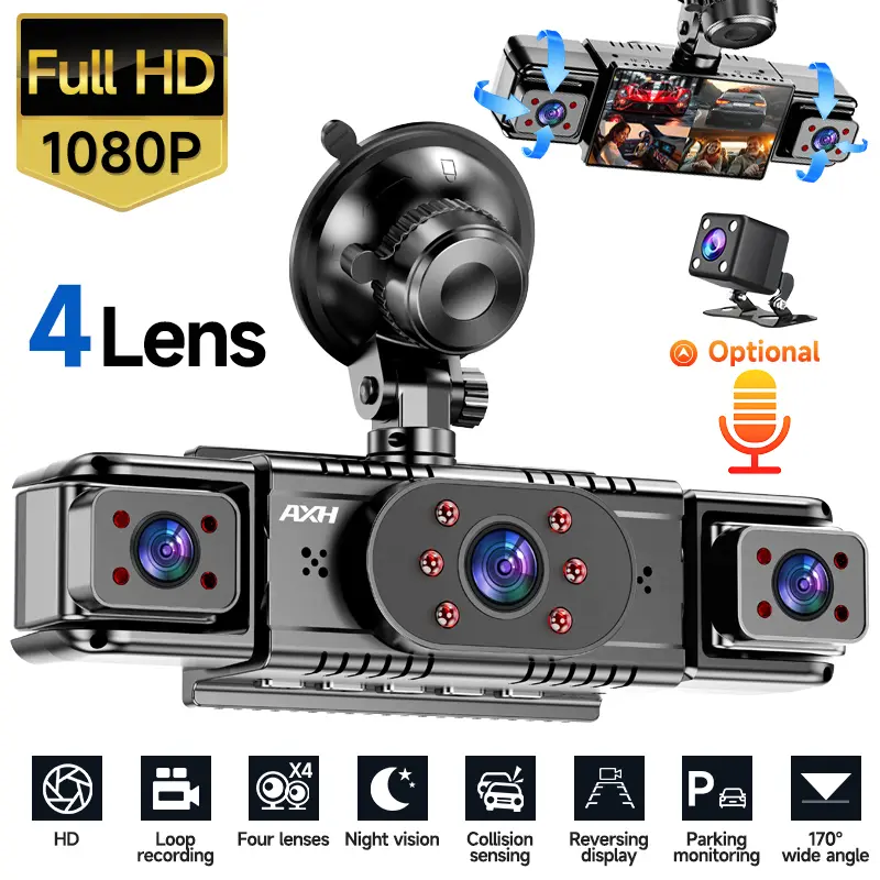 【DealsForYouDays】Car-Mounted Car Camera, 360° All-Sides View 1080P 4-Channel Dash Cam (Front, Rear, Left & Right), Loop Record, Night Vision, G-Sensor, with Free 64GB Memory Card, Car-Mounted Car Cameras