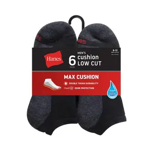 Hanes Double Tough Men's Low Cut Socks, Max Cushion, Shoe Sizes 6-12, 6-Pairs Classic Fabric