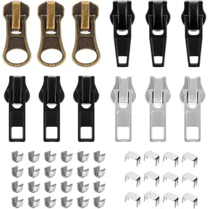 12 count Zipper Repair Kit #5 Zippers Pull Replacement, #5 Lockable Sliders with Top and Bottom Stops Metal Fix Zip  for Cloting, Jackets, Coat, Boot, Backpack, Purse 4 Styles