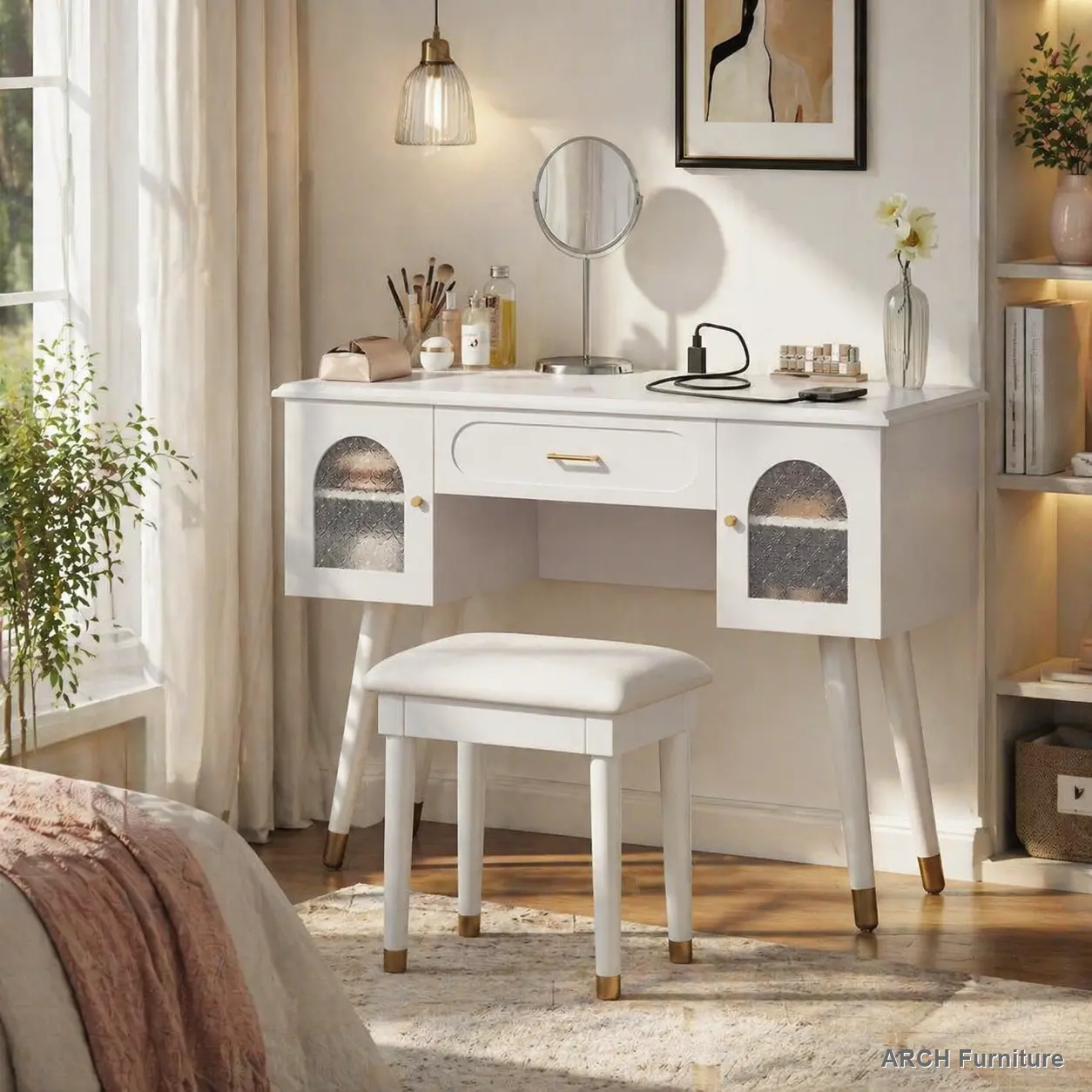 ARCH Luxury-Inspired Makeup Vanity & Chair Set - Modern Elegant Drawer-Equipped Dressing Table with Organizer, Charging Port, Multi-Functional Writing Desk, White - Stylish, Modern, Stand-Alone, Tabletop Makeup Vanities, Stylish Makeup Vanities