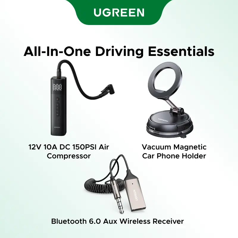 UGREEN Ultimate Car Kit (Multiple Options),Bluetooth 6.0 Aux Wireless Receiver/Dual Mode Wireless Bluetooth Transmitter Receiver,Vacuum Magnetic Car Phone Holder/ for Magsafe Air Vent,12V 10A DC 150PSI Air Compressor/150PSI 2500mAn Portable Tire Inflator