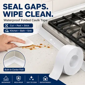 Self Adhesive Caulk Tape, Waterproof Kitchen & Bathroom Sealing Strip, Peel and Stick Folded Corner Gap Cover for Sink, Bathtub Edge, Countertop, Toilet Base, Easy Clean White Trim