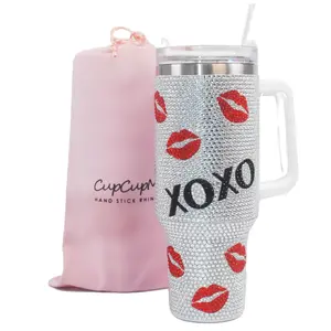 Cupcupmore 40 oz Lip XOXO Bling Rhinestone Stainless Steel Sippy Tumbler Glitter Vacuum Insulated Thermal Water Bottle with Straw & Lid &Handle,Sparkle Car Cup Holder,Keeps Cold 12 Hours Drinks,Coffee