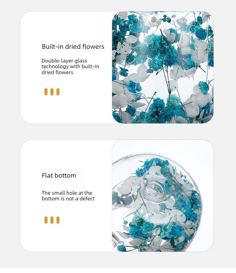Double Glass Flower Tea Cup, 250ml Double Wall Glass Coffee Cup, Insulated Transparent Cup with Dried Flowers, Heat Resistant Drinkware Tumbler, New Year Gift.The top choice for Mothers Day Gift