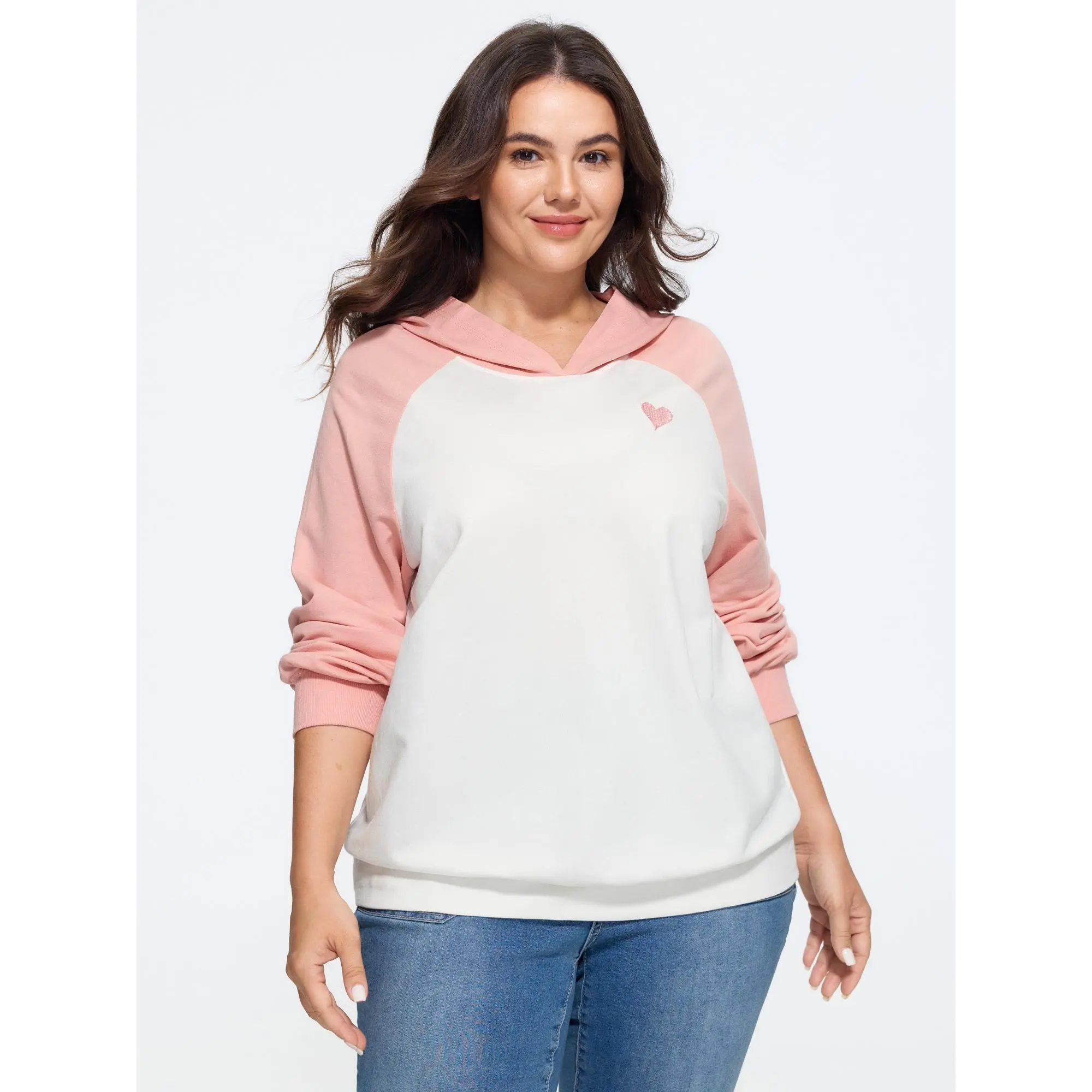 BLOOMCHIC Plus Size Cotton Color‑Block Heart Embroidered Hoodie Sweatshirt[M-6X] Summer Finds