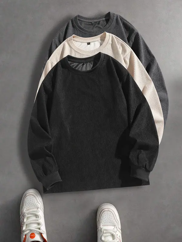 3-pack new spring/autumn men’s corduroy crewneck tops—close-fitting collar edges reduce neck chafing for comfort; muted low-color palette suitable for versatile casual styling across multiple occasions.