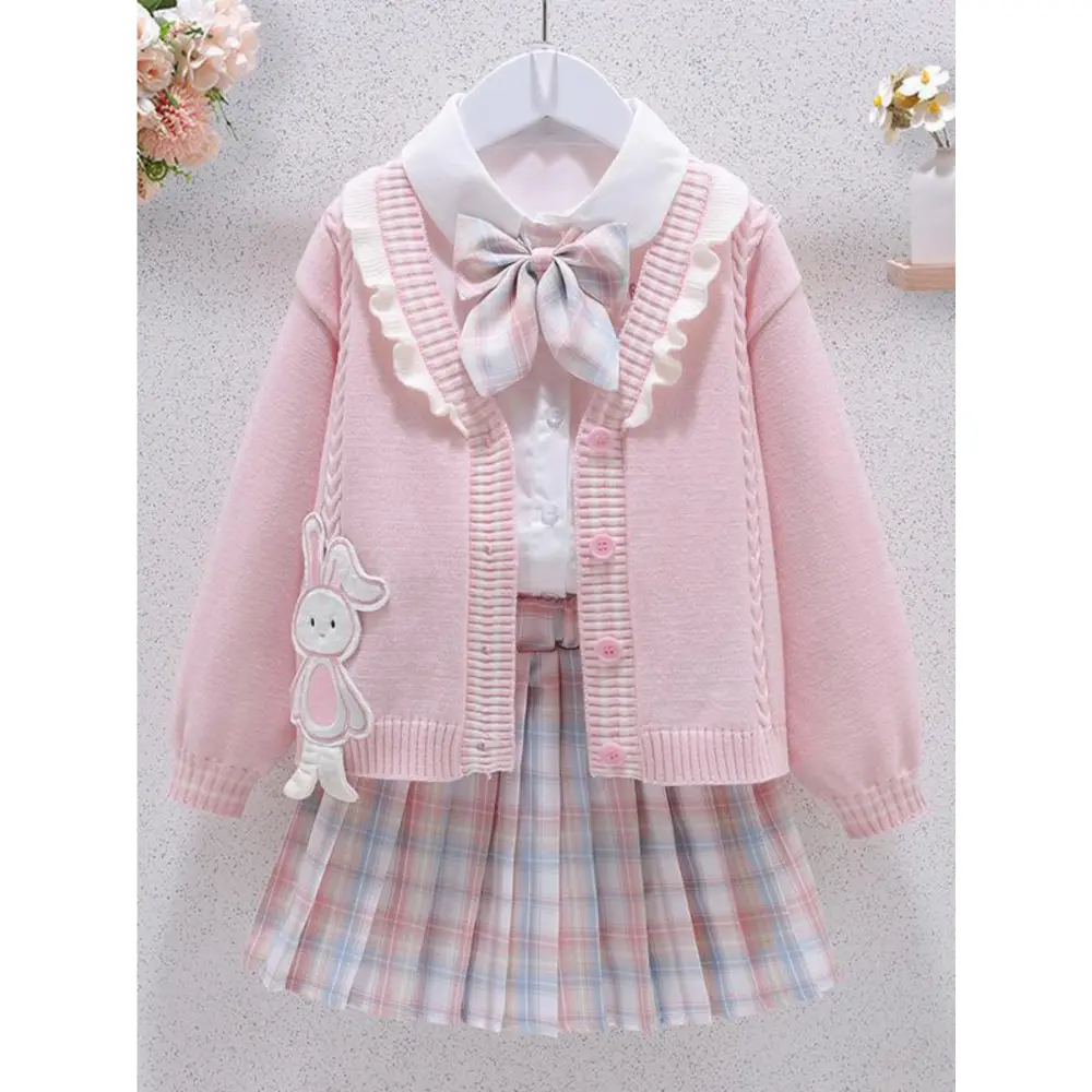 Girls' Three-Piece School-Style Set and Autumn New Children's Outfit - Bunny Knit Cardigan, Shirt, and Pleated Skirt