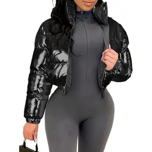 Shiny puffer jacket — women’s cropped shiny winter puffer jacket, padded warm quilted short coat with zip-up collar and sleeves, made from spandex fabric