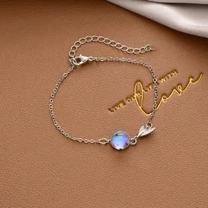 Exquisite Bracelet with Moonstone and Angel Wing Charm Silver Chain Jewelry