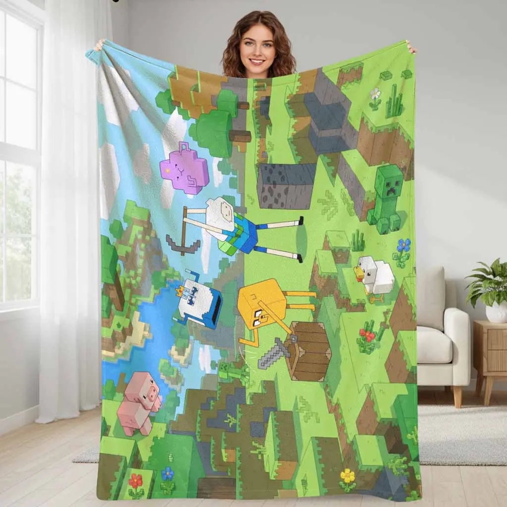Adventure Time Minecraft Flanel Blanket  Finn Jake Lumpy Space Princess Creeper Pig Pattern  Super Soft Cozy Warm Lightweight Durable  Perfect for Sofa Couch Bed Home Decor  Gift for Fans  Birthday  Holiday  Christmas  Travel. summerwins, Wrinkle Resistan
