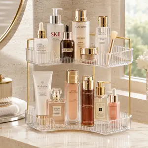 Luxury 2-Tier Corner Vanity Organizer, Transparent Acrylic Bathroom Countertop Shelf with Gold Metal Frame, Large Capacity Skincare, Perfume & Makeup Storage Rack for Bedroom, Bathroom and Dressing Table