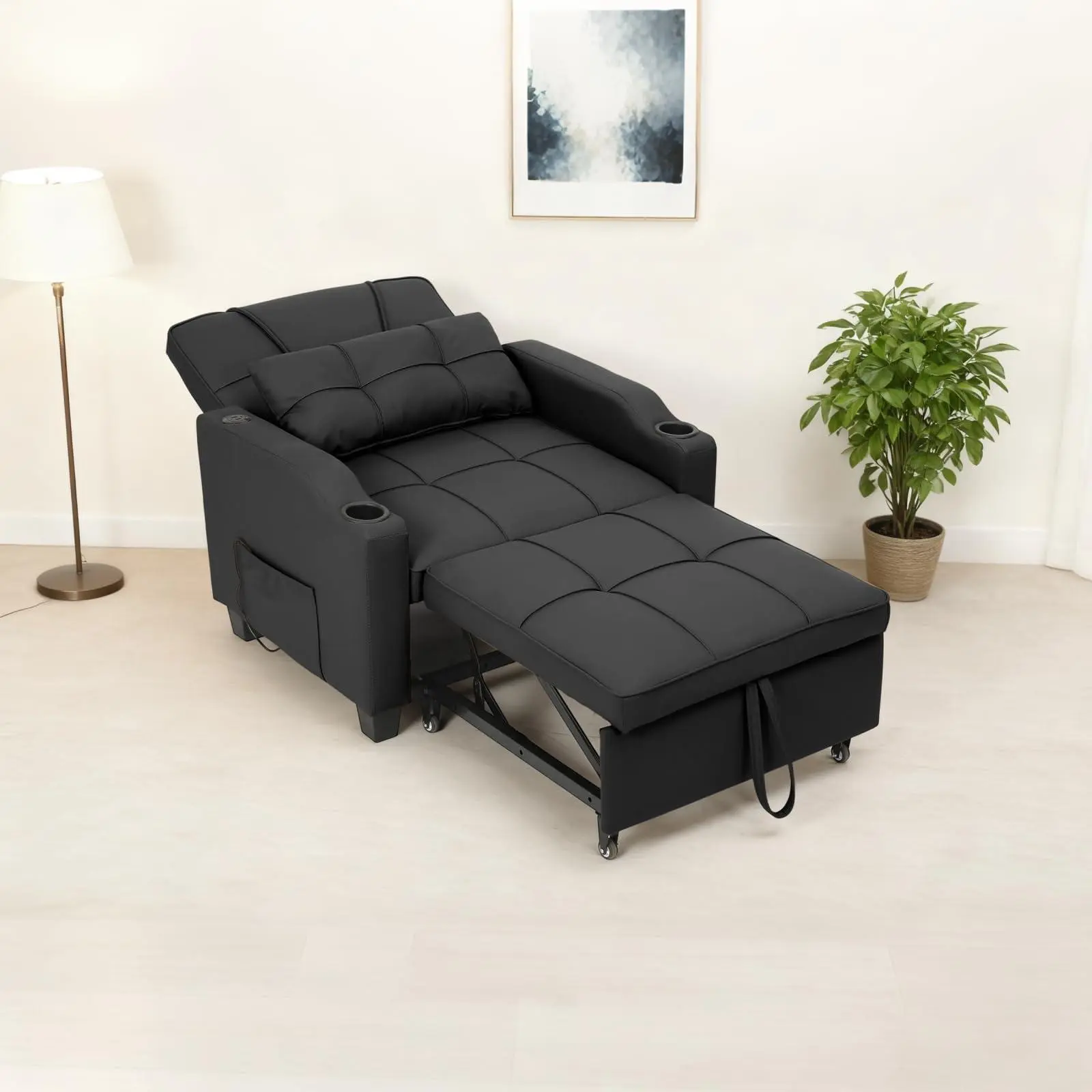 4 in 1 Convertible Sleeper Chair Bed with Vibration Massage Lumbar Pillow, Single Sofa Recliner Featuring USB/Type-C Port, Cup Holders & Side Pocket, Space-Saving Pull Out Bed for Small Spaces, Black