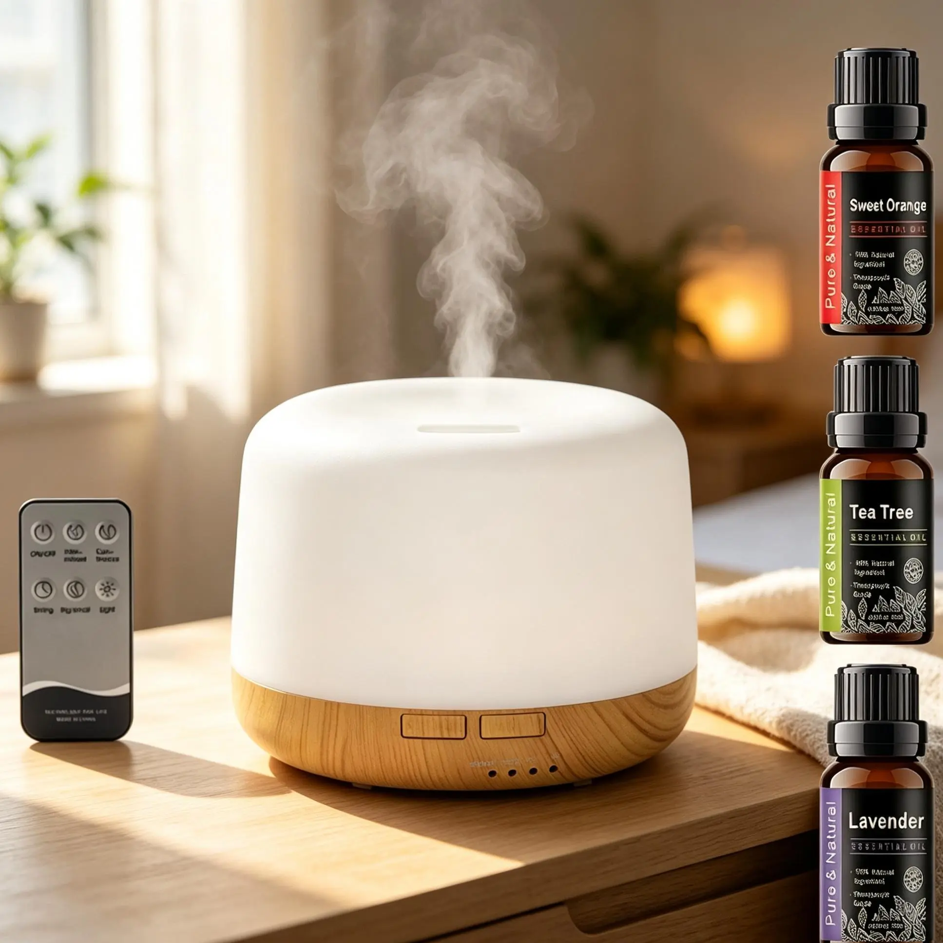 500ml Ultrasonic Essential Oil Diffuser Humidifier, Remote Control, Auto‑Off Timer, 7 Color Changing LED Night Light for Home Office Yoga Aromatherapy