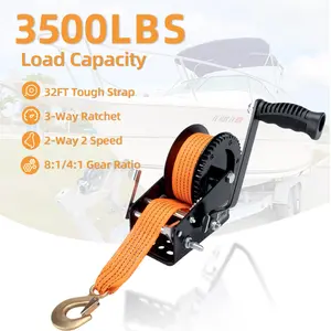 3500LBS Heavy Duty Marine Trailer Winch, 32Ft Strap, 2-Way Ratchet, 4:1/8:1 Gear Ratio, Portable Hand Crank, for Boat Truck Trailer RV ATV Jet Ski (Orange Strap)