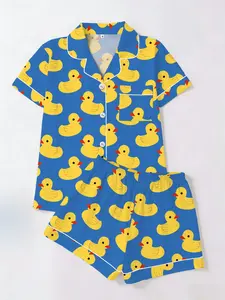 Women's Pajama Set, Short Sleeve and Shorts Open Front, Blue Base with Duck All over Print, Casual Home Wear Loungewear, Essential Daily Comfort