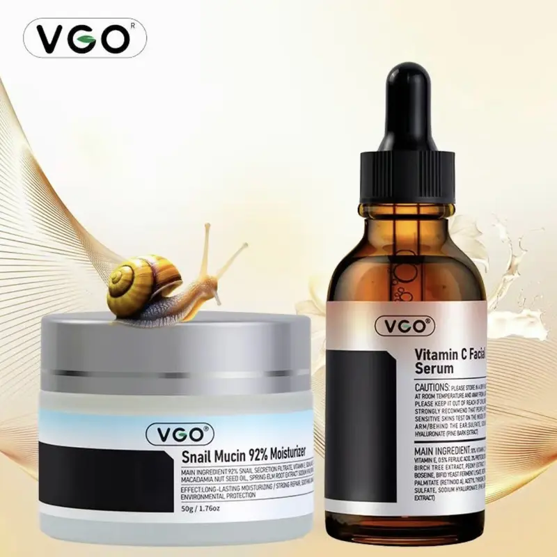VGO Skincare Essentials: Vitamin C Serum + 92% Snail Mucin Gel Cream - Daily Hydration & Repair