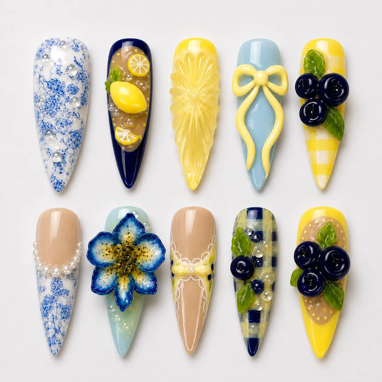 Handmade Blue Lemon Press On Nails 3D Floral Fruit Bow Pearl Glossy Stiletto Reusable Fake Nails Summer Nail Art Gift for Women Salon Quality Design