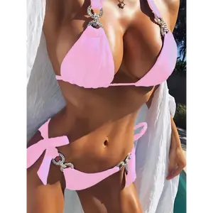 Womens Sparkling Rhinestone 2-Piece Bikini Set - Blue Triangle Top with Chain Link Ties, Perfect for Carnivals & Music Festivals