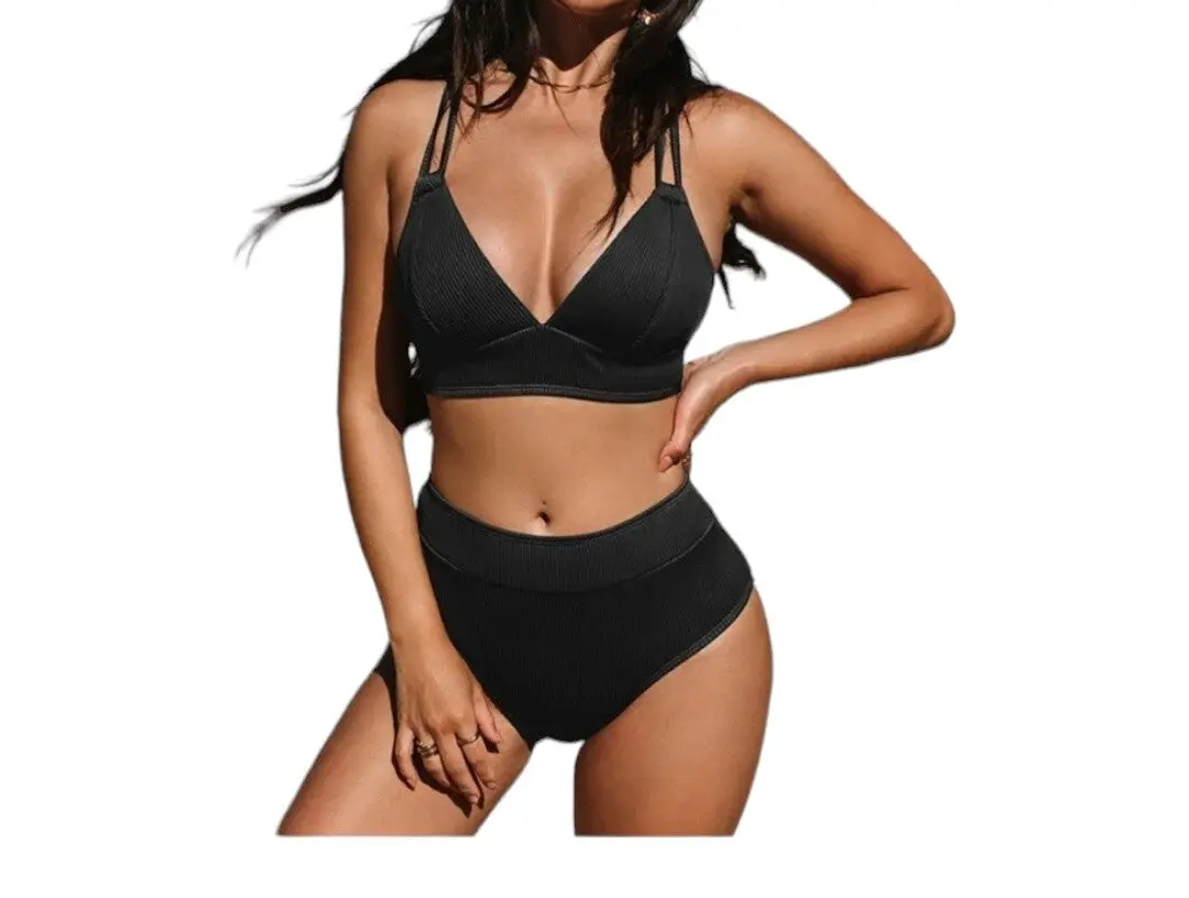 CUPSHE Womens Chic Ribbed Fabric Double Strap High-Waisted Bikini Size XL